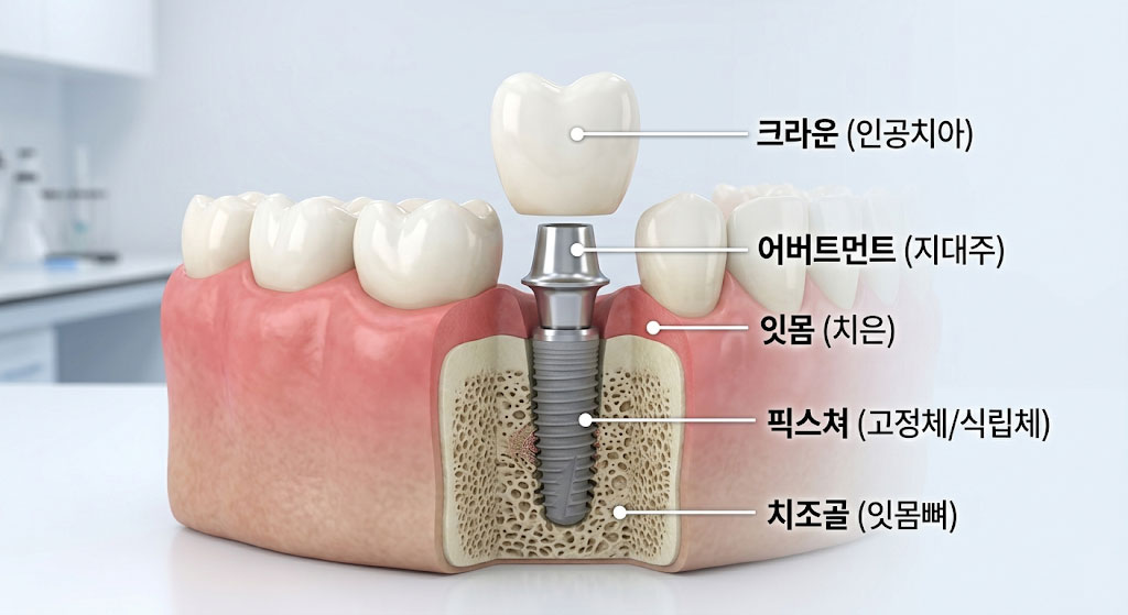 봉담 임플란트 구조 설명 — 픽스처·지대주·크라운 3단계 구성 연세세브란스치과 봉담